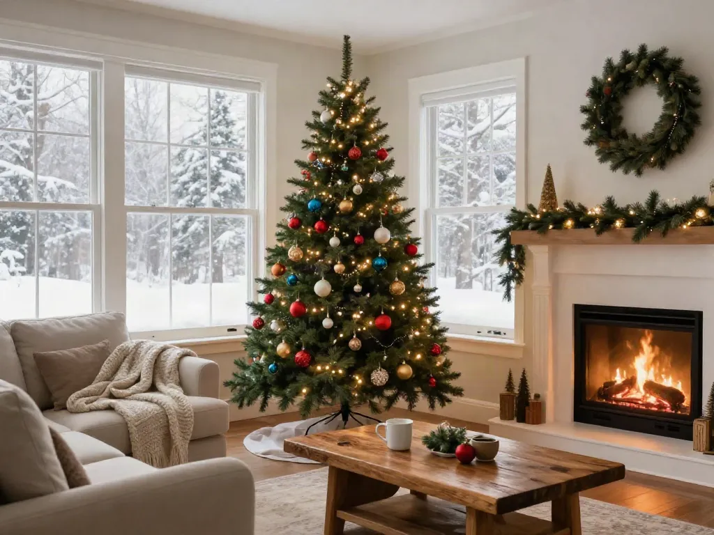 Pencil Christmas tree beautifully decorated in cozy living room during the holidays.
