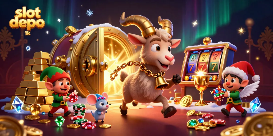 Slot depo 1k menampilkan ilustrasi kasino digital dengan karakter menarik dan elemen permainan.