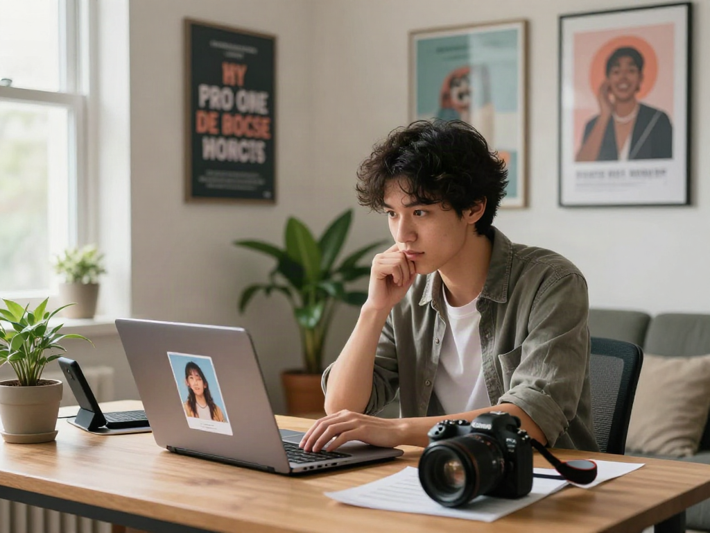 Young person focused on an attractiveness test, using a laptop in a stylish home workspace