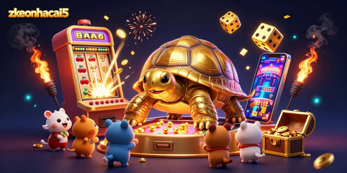 Experience exciting gameplay at zkeonhacai5 with a colossal tortoise pinball machine surrounded by vibrant casino elements.
