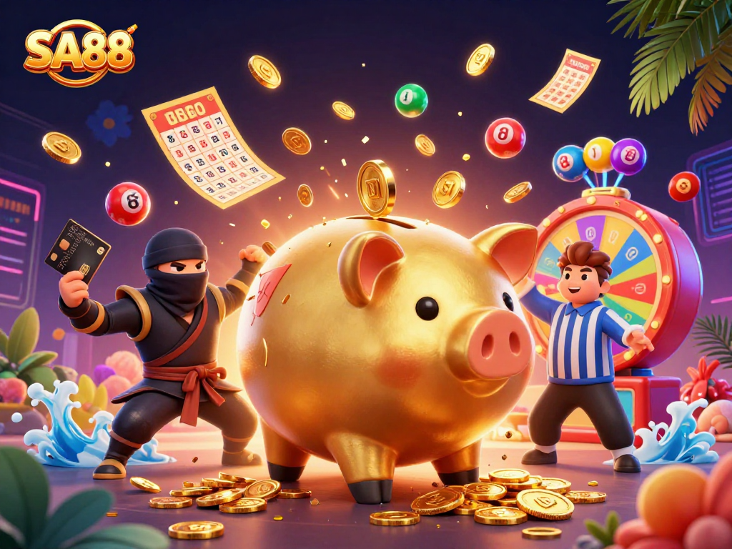 SA88 gamers enjoy a thrilling casino experience with animated characters and vibrant elements in this lively scene.