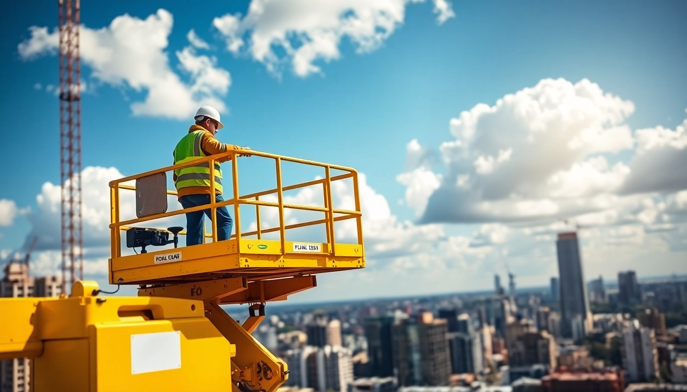 Worker operating a cherry picker in an urban construction site, showcasing safety and efficiency.