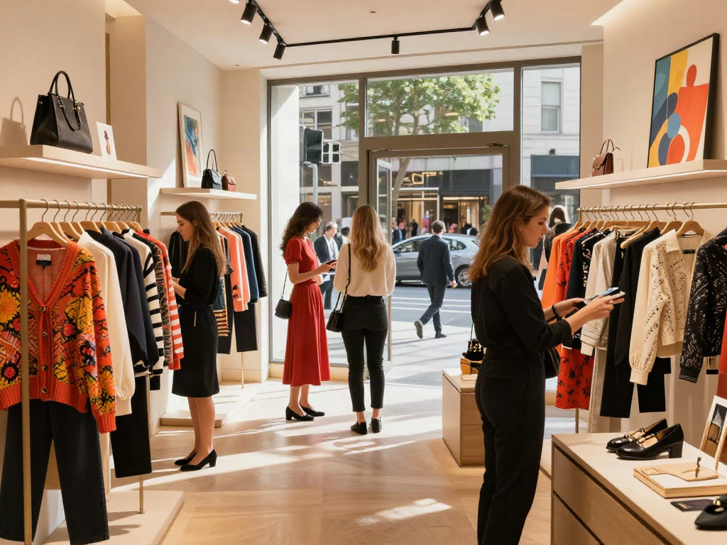 Pengunjung berada di butik mewah LUXURY111, mengeksplorasi pakaian dan aksesori modis dengan suasana kota yang ramai.