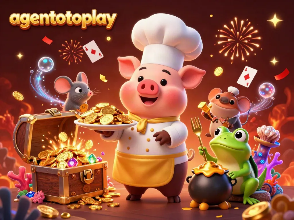 Enjoy vibrant gaming adventures with agentotoplay, featuring a whimsical chef pig serving golden coins.