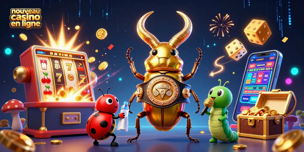 Gagnez des jackpots avec le nouveau casino en ligne, illustré par un scarabée doré boxeur au milieu des machines à sous.
