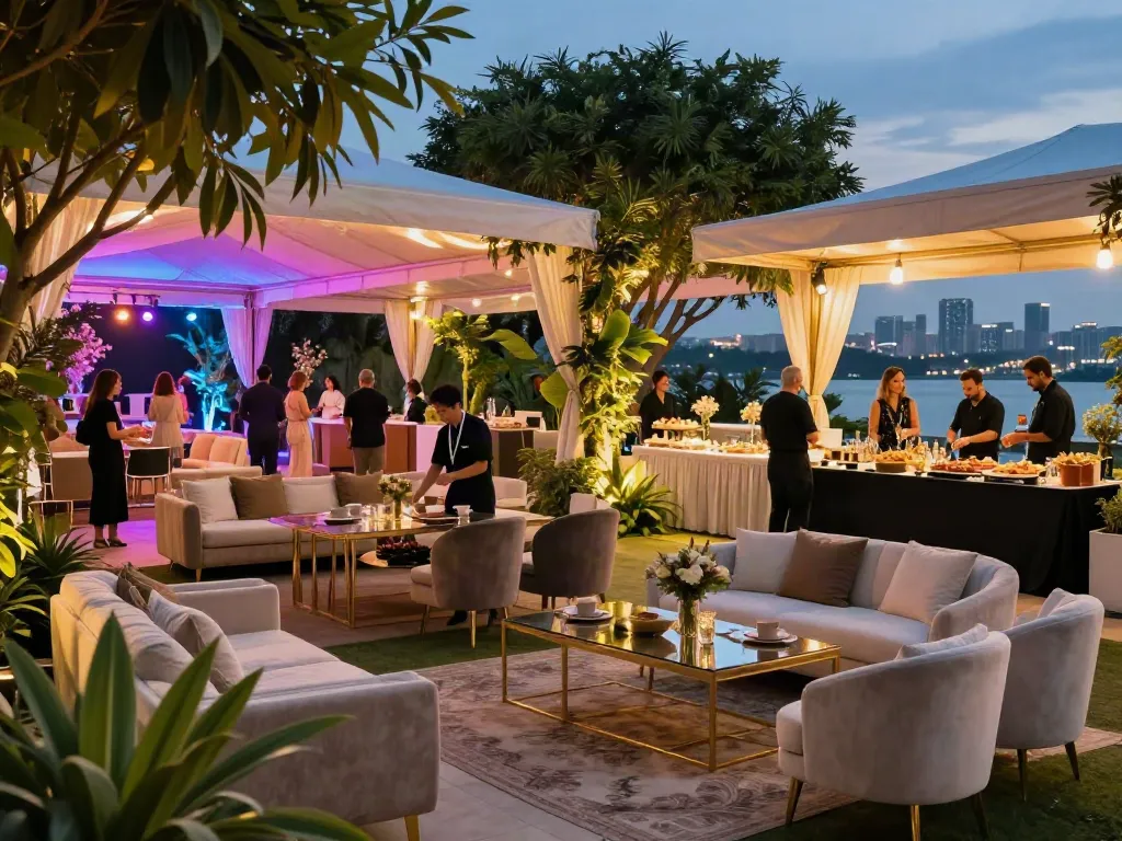 Event rentals setup featuring luxury furniture and vibrant decor at a festive outdoor venue.