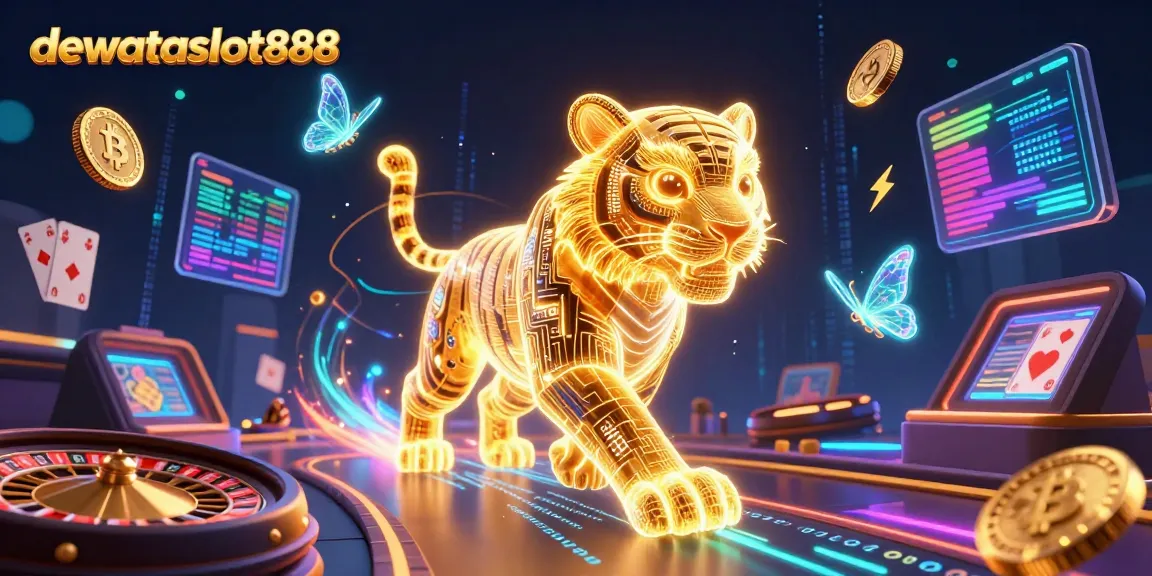 Menangkan permainan kasino secara langsung dengan dewataslot888 dalam ilustrasi yang menampilkan harimau neon dan elemen kasino lainnya.