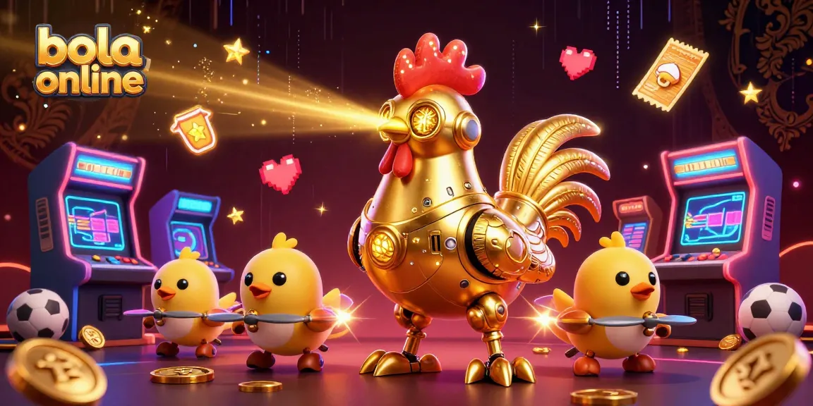 Engage in bola online with a dynamic scene featuring sports elements and a golden rooster robot.