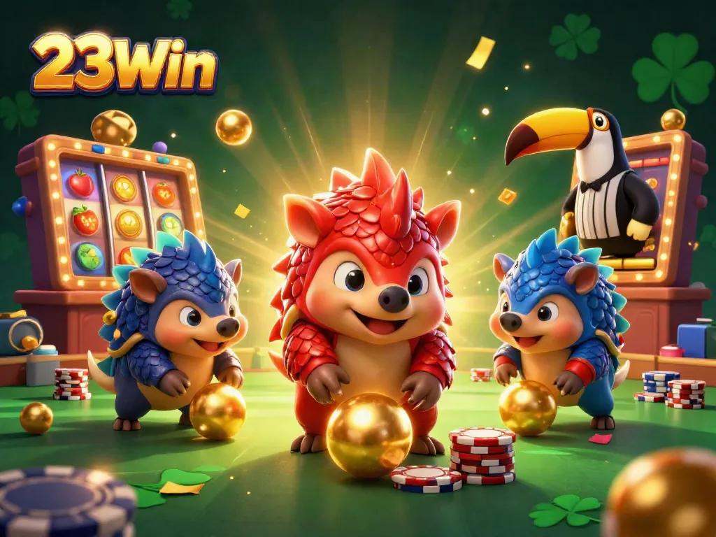 23Win introduces a vibrant casino scene with cartoon pangolins engaging in slot-themed action surrounded by colorful lights.
