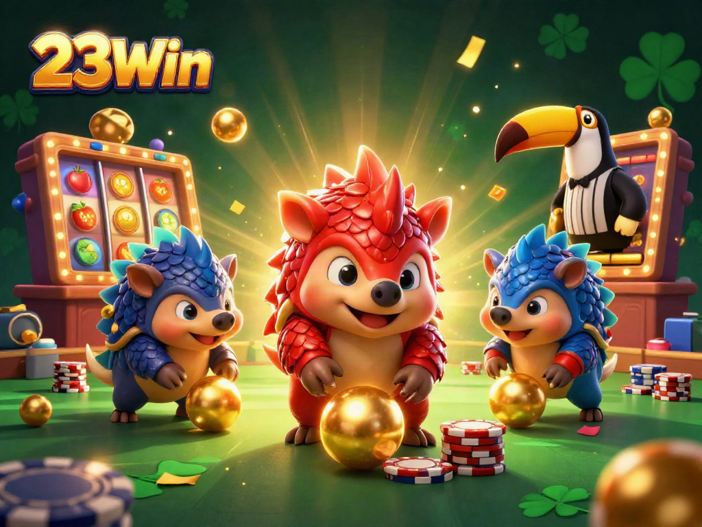 23Win introduces a vibrant casino scene with cartoon pangolins engaging in slot-themed action surrounded by colorful lights.