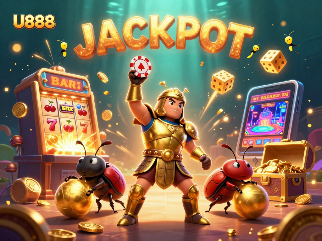 Experience thrilling gameplay with U888's vibrant 3D casino illustration showcasing wins and excitement.