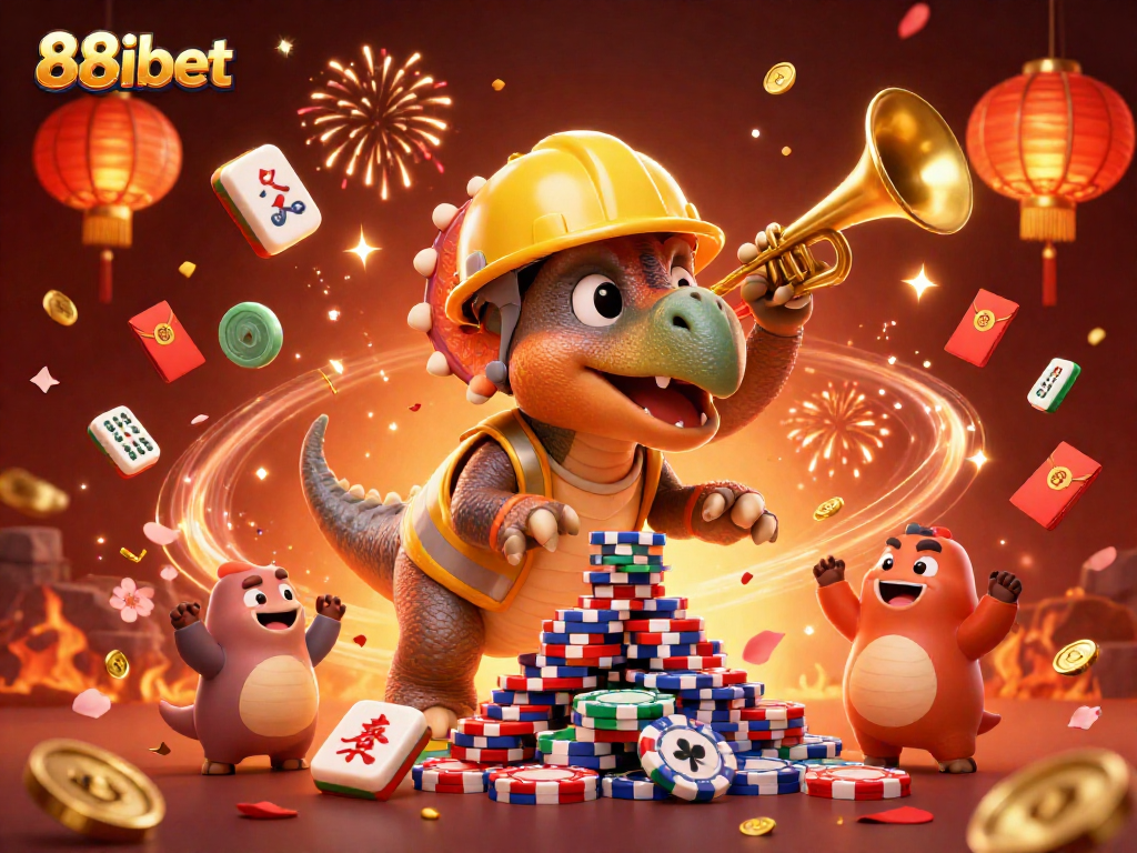 Join the fun at 88ibet as a triceratops builds poker chips amidst a festive celebration