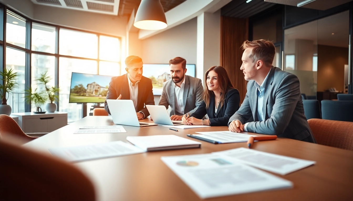 Showcasing Title Insurance Services with professionals engaged in a discussion in a modern office.