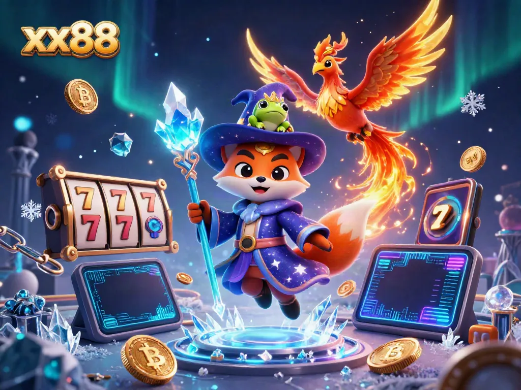 Engage in exciting gambling action at xx88 with a mystical wizard fox and phoenix illustration.