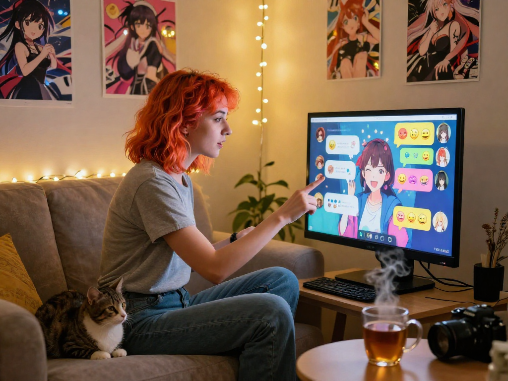Youthful woman enjoying a hentai chat in a cozy online setting, with vibrant decor and warm lighting.