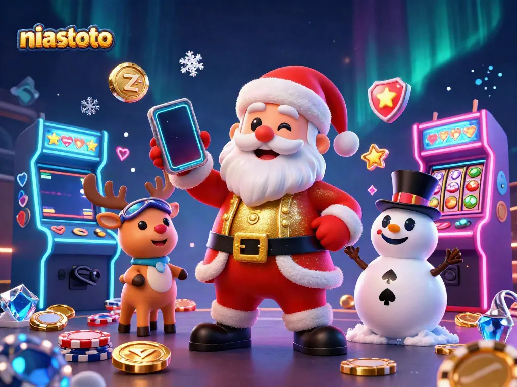 Spin the reels and win with niastoto as Santa, a reindeer, and a snowman celebrate at a festive casino.