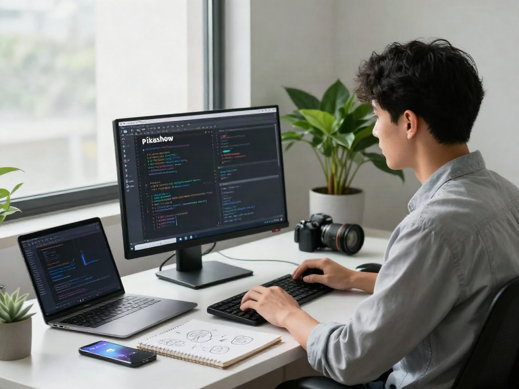 Download Pikashow Apk on a modern workspace with a developer coding on a high-res monitor.