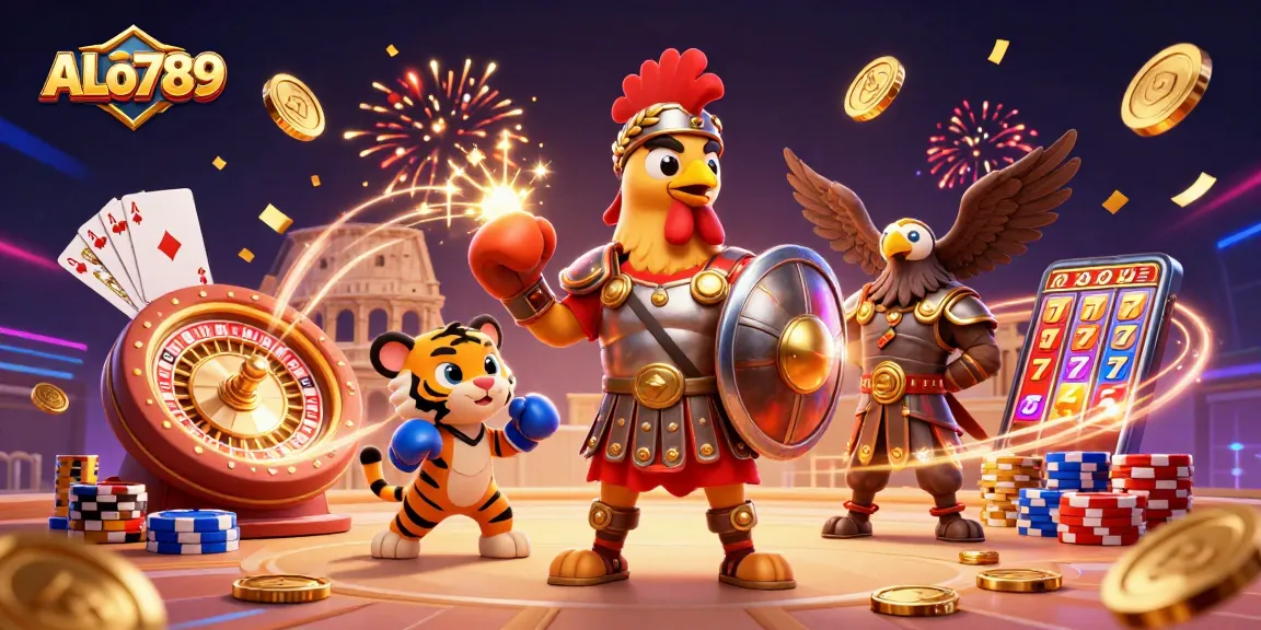 Experience thrilling cockfighting with ALo789, featuring a gladiator rooster and immersive casino elements.