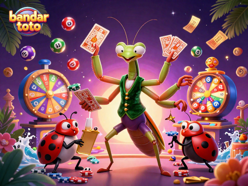 Experience the excitement of bandar toto with colorful lottery balls, vibrant prize wheels, and engaging characters.