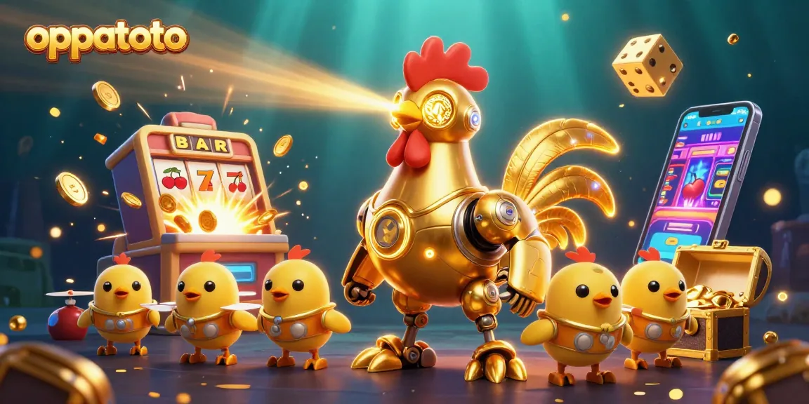 Engage with oppatoto's immersive gaming world featuring a golden rooster robot and jackpot slot machine.
