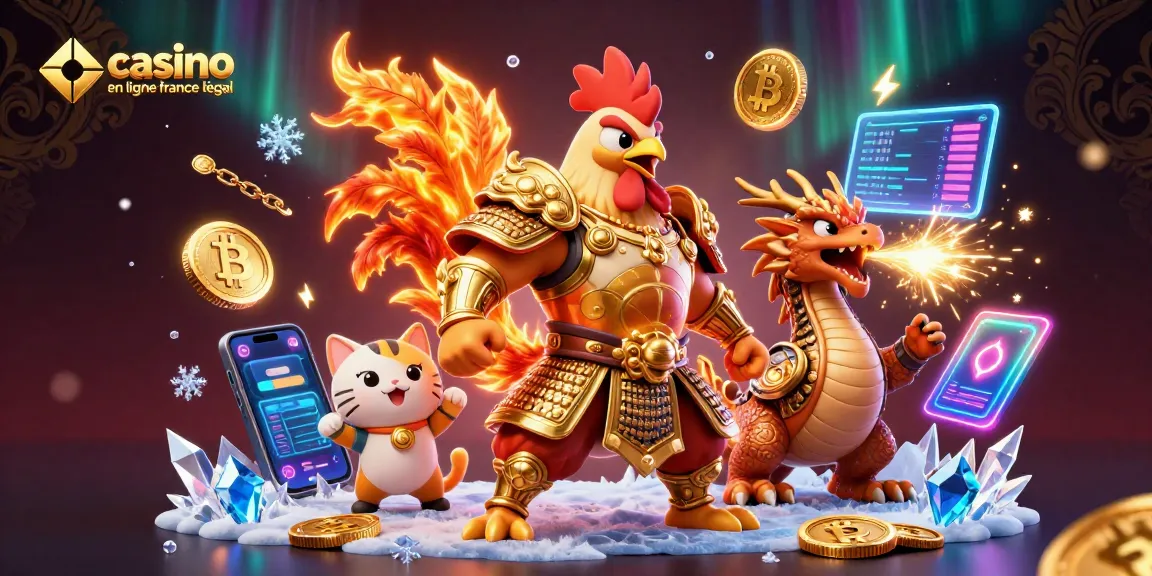Illustration dynamique avec un coq guerrier en armure dorée et un dragon, représentant un casino en ligne légal en France