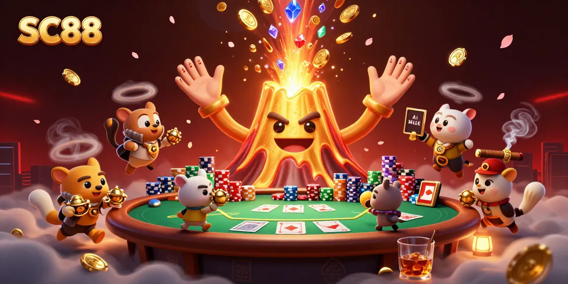 Engage with SC88’s thrilling casino atmosphere featuring a golden volcano erupting treasures.