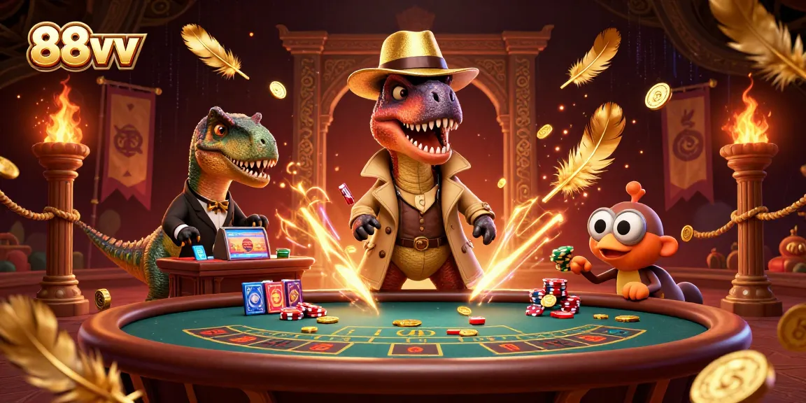 Experience thrilling action at 88vv with cartoon dinosaurs at a blackjack table in a vibrant casino.