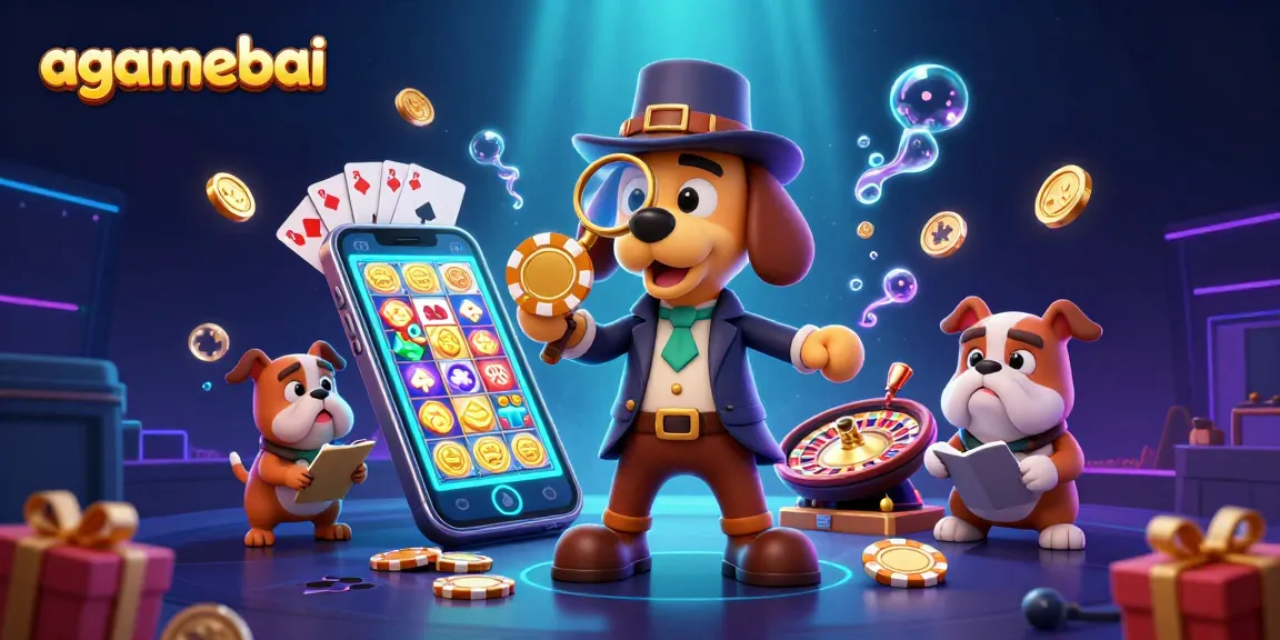 Join the adventure with agamebai; a detective dog reveals poker chip secrets amidst vibrant casino elements.