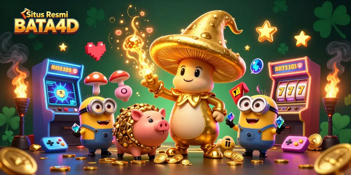 Situs Resmi BATA4D showcases a vibrant casino scene with a golden mushroom wizard, truffle pig, and game elements showcasing excitement and treasure.