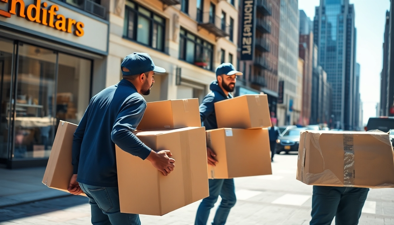 Movers efficiently handling boxes during manhattan moving in a bustling city environment.