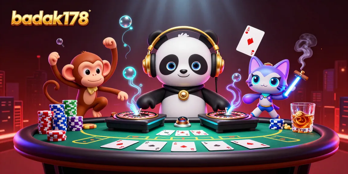 Engage with badak178's vibrant casino scene showcasing a DJ panda and poker action.