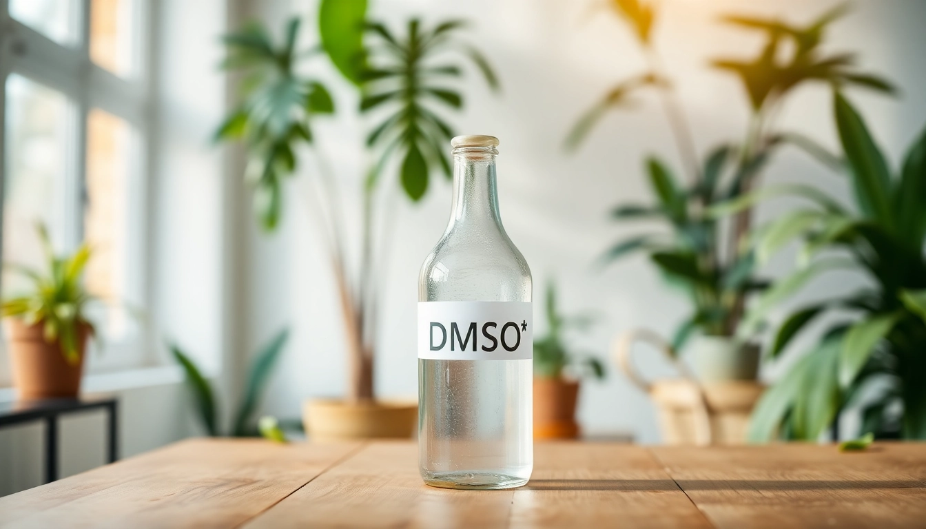 Highlighting the benefits of drinking dmso with a close-up image of a DMSO bottle in a serene health environment.