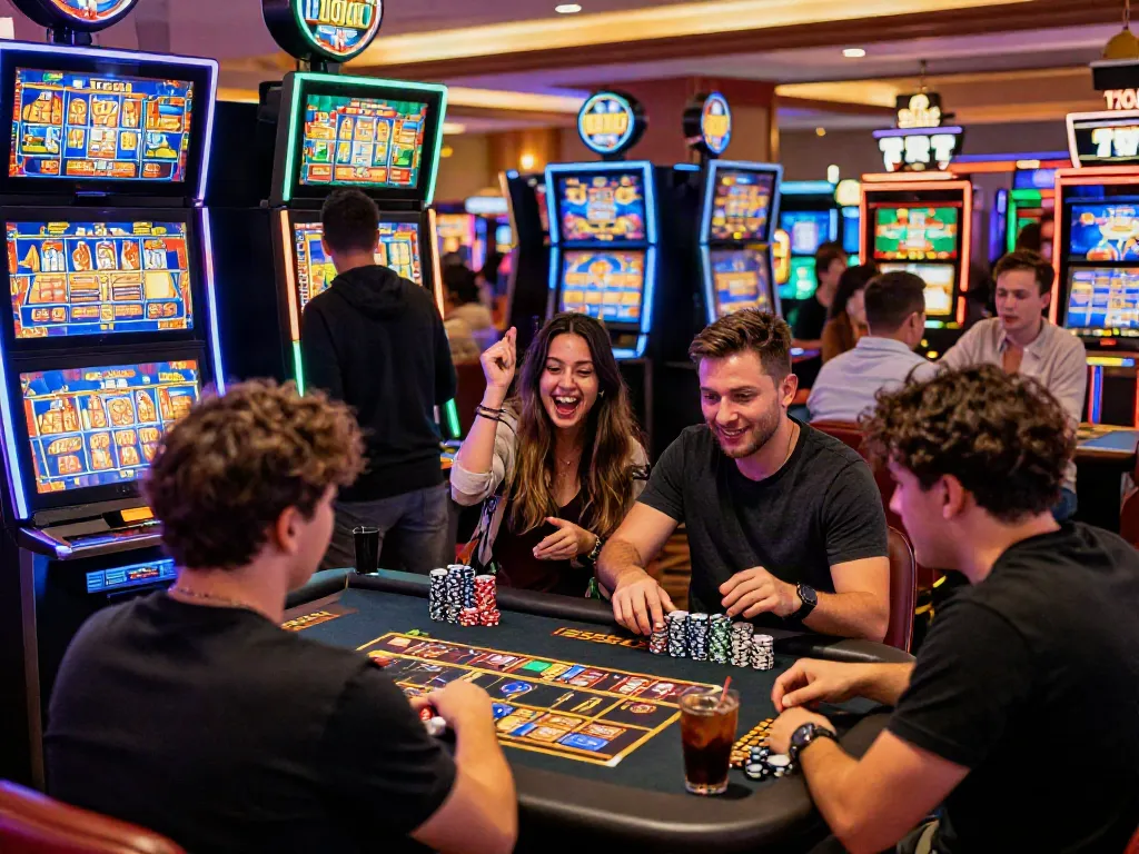 Guests enjoy the lively atmosphere playing slot777 machines in a vibrant casino.