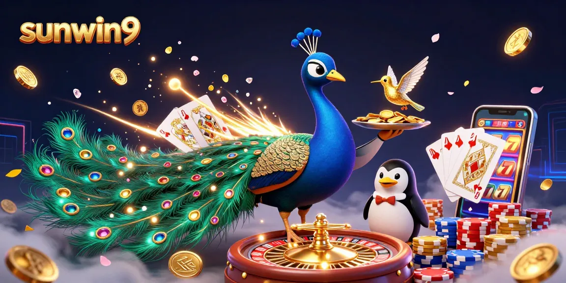 Win big with sunwin9 at a colorful casino scene featuring a peacock, penguin, and hummingbird.