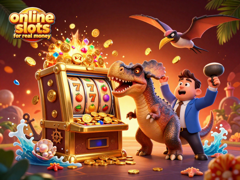 Experience the thrill of online slots for real money with dynamic characters and vibrant casino elements.