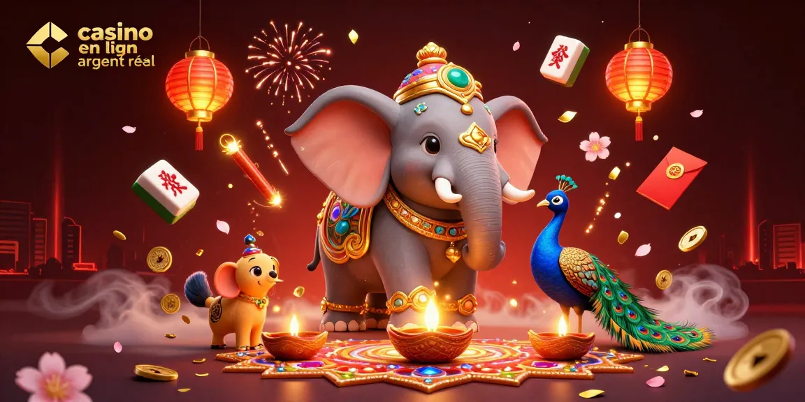 Plongez dans le monde du casino en ligne argent réel avec un éléphant orné et des éléments ludiques.