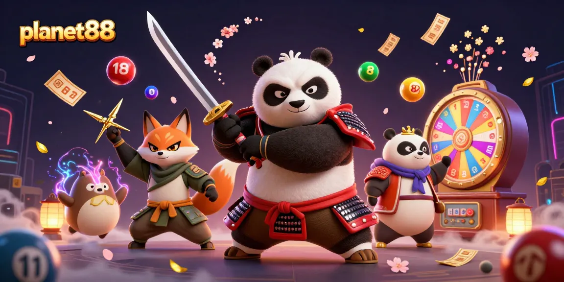 Win big with planet88 in this dynamic scene featuring samurai panda and magical creatures.