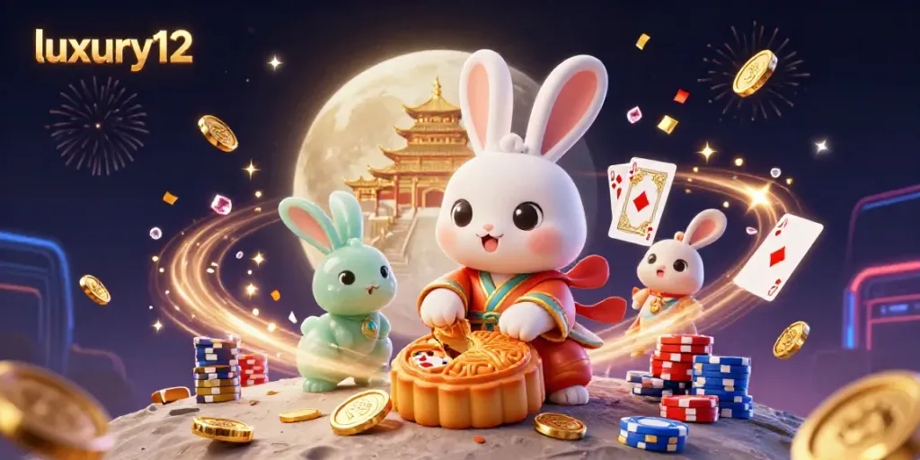 Play the luxury12 gaming experience with a lively moon rabbit and jade companion amidst vibrant casino elements.
