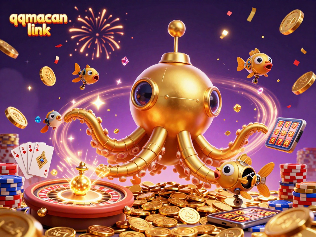 Win big with qqmacan link featuring a golden kraken submarine amidst dynamic casino elements.