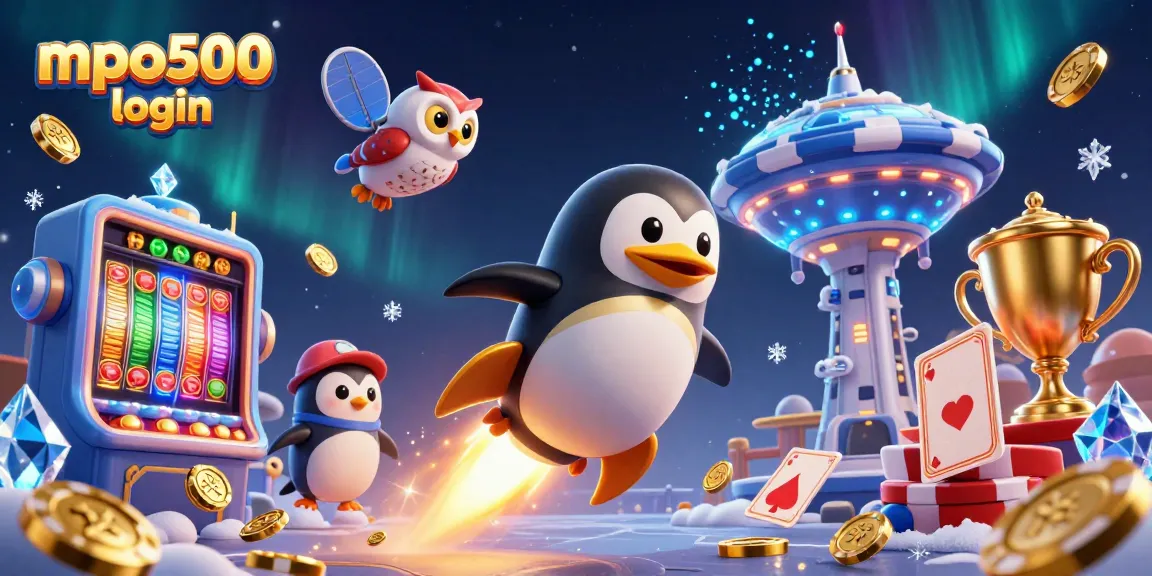 Play at mpo500 login for thrilling casino action with dynamic slots and golden elements surrounding the penguin hero.