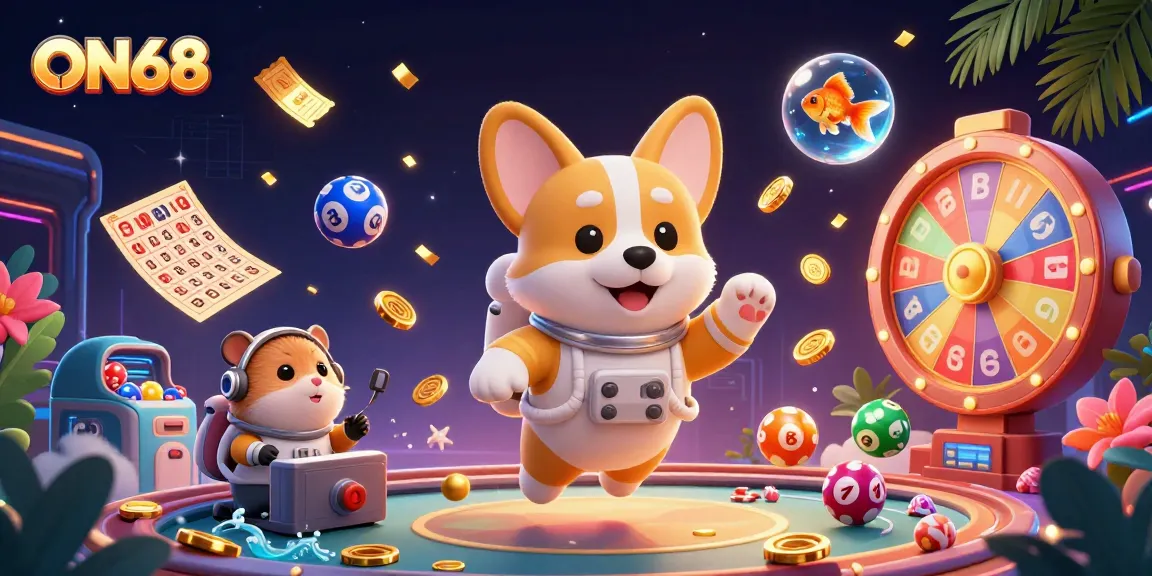 Experience ON68's thrilling gaming adventure with a floating astronaut corgi in a vibrant casino scene.