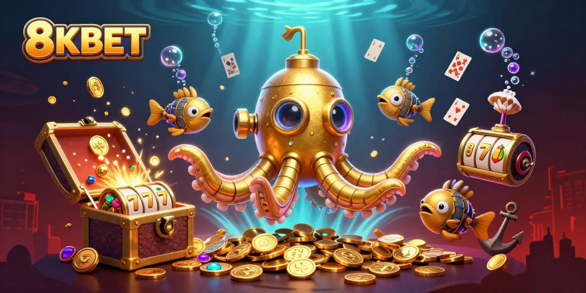 Experience winning with 8KBET's vibrant casino scene featuring golden kraken submarine and slot reels.