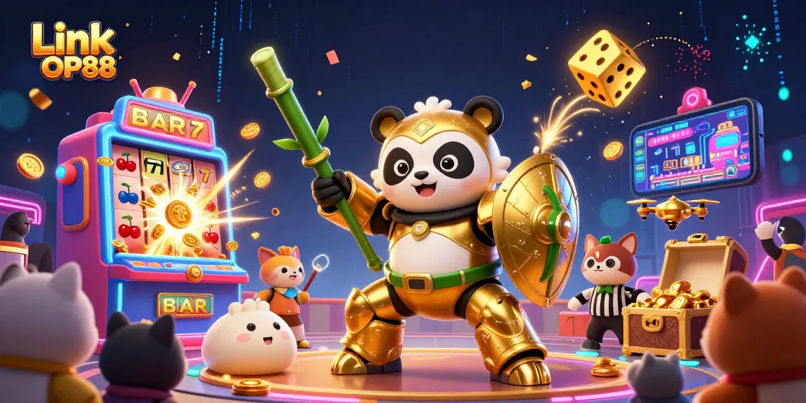 Experience exciting wins with Link OP88 in vibrant 3D illustration showcasing casino games, jackpots, and dynamic elements.
