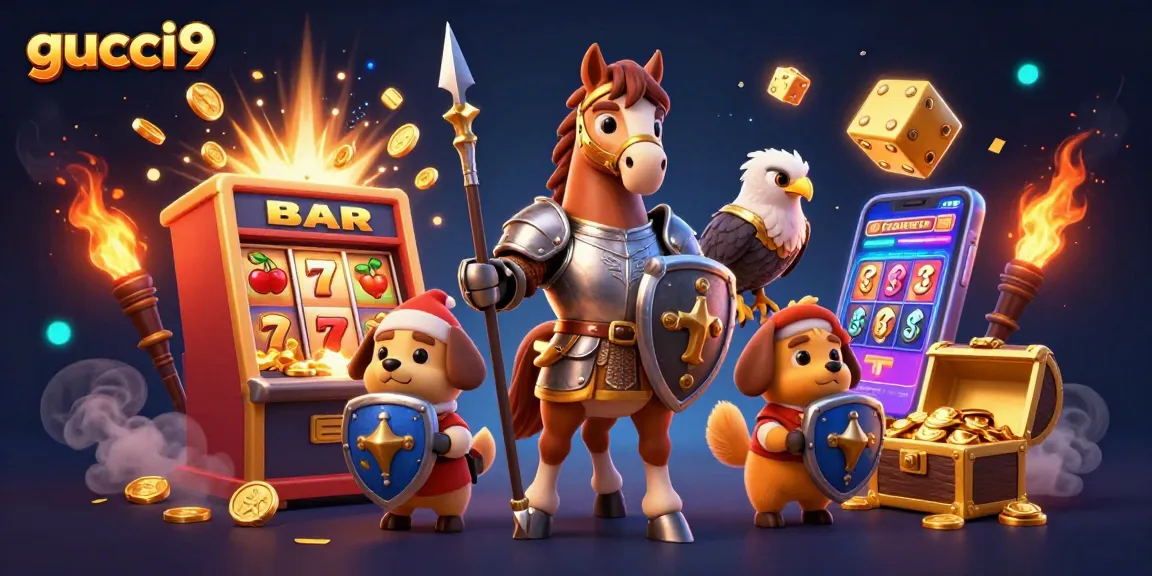 Play thrilling games at gucci9, featuring a dynamic casino scene with colorful symbols and engaging characters.