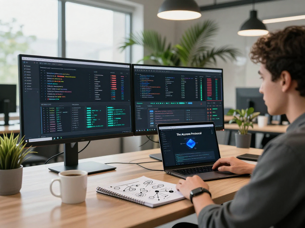 Developer using acrossprotocol for cross-chain transactions in a modern tech workspace.
