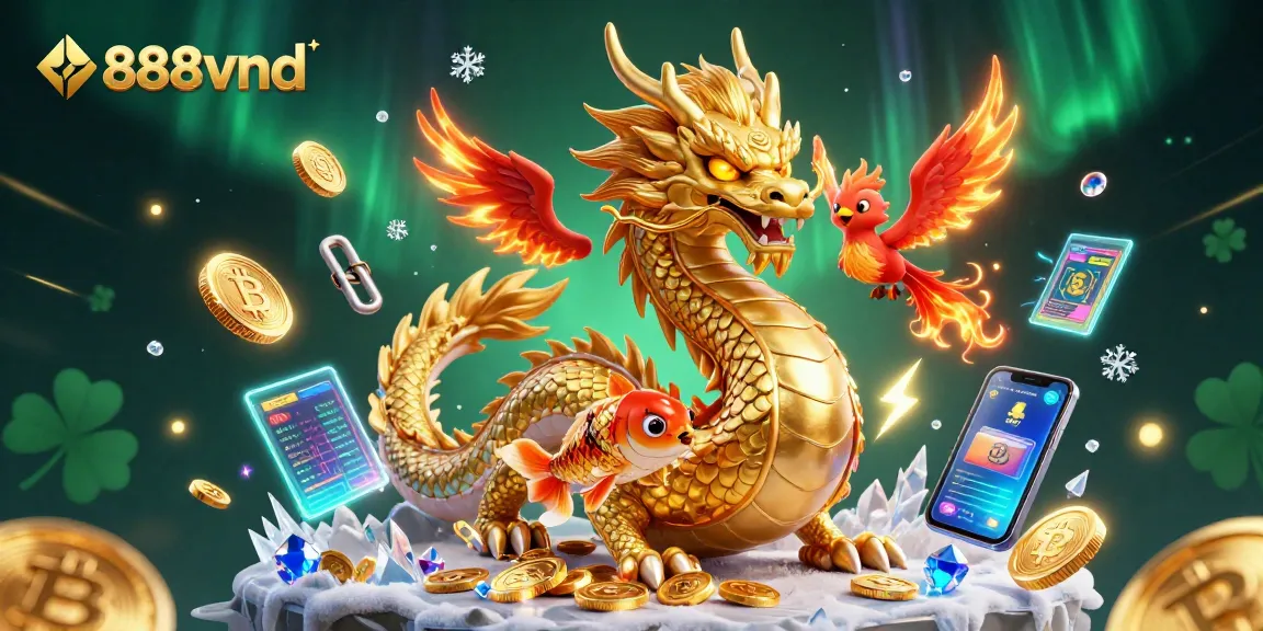 Experience the thrill of 888vnd with a vibrant illustration featuring a dragon, phoenix, and koi fish.