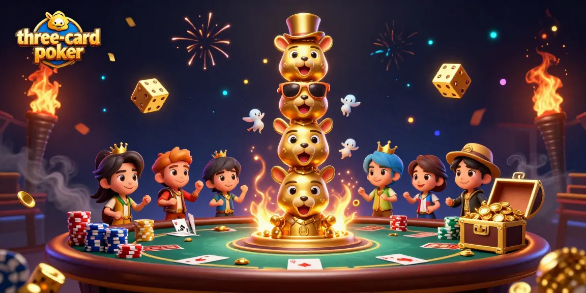 Engage in three-card-poker with vibrant casino action featuring golden totems and festive elements.