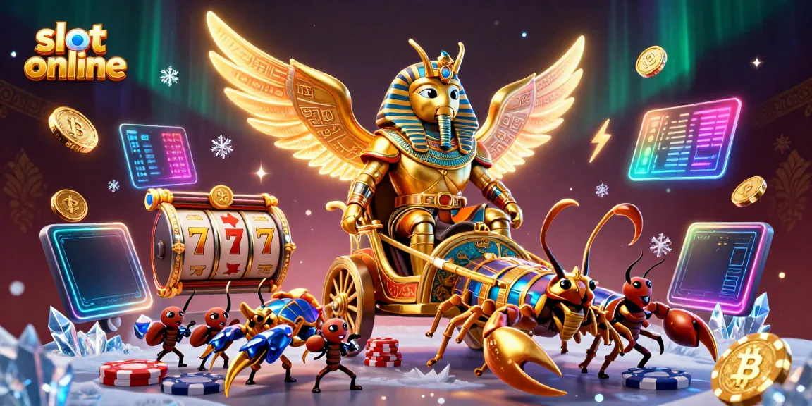 Engage with slot online in this dynamic illustration featuring a colossal golden scarab and scorpions.