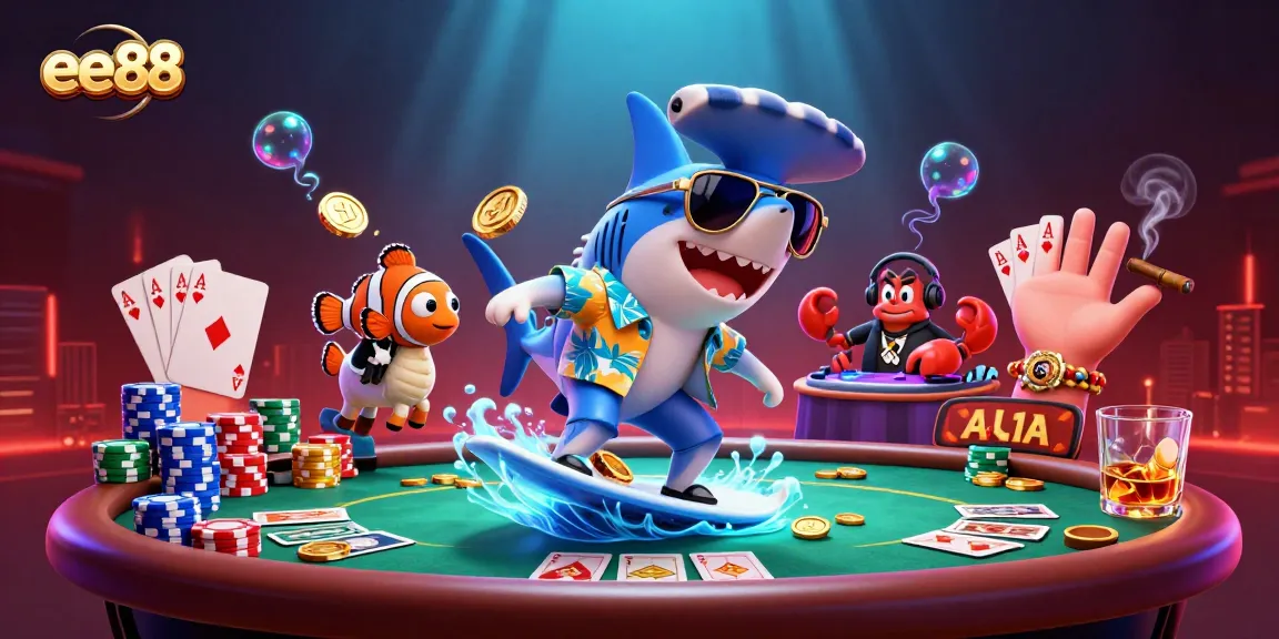 ee88 poker scene featuring a shark and friends in a vibrant underwater casino setting