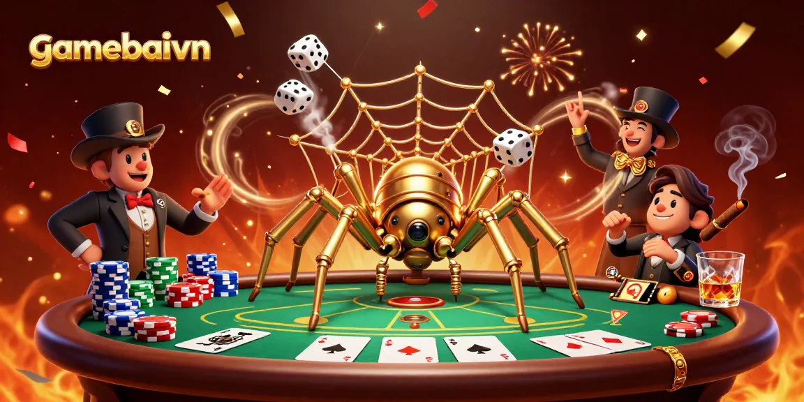 Engage with gamebaivn's thrilling poker scene featuring a golden spider and Victorian fly gentleman.